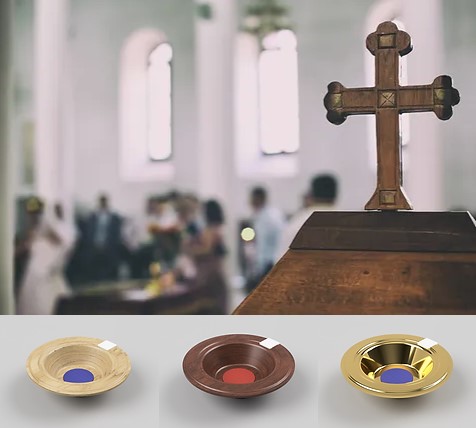 Interior of a Church during service with three different colors of card reader offering plate